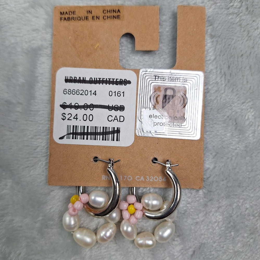 Urban Outfitters Silver Hoop Earrings with Pearls and Pink Flower Charms - Picture 2 of 5